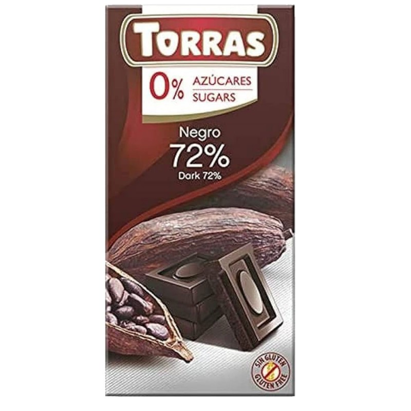 torras no added sugar 72% dark chocolate 75g bar