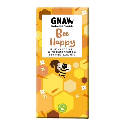 gnaw bee happy milk chocolate with honeycomb & crunchy caramel 100g